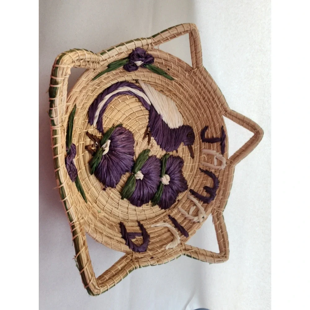 Vintage Jamaica Hand Woven Straw Basket Raffia Embroidered Bird Flower Souvenir
